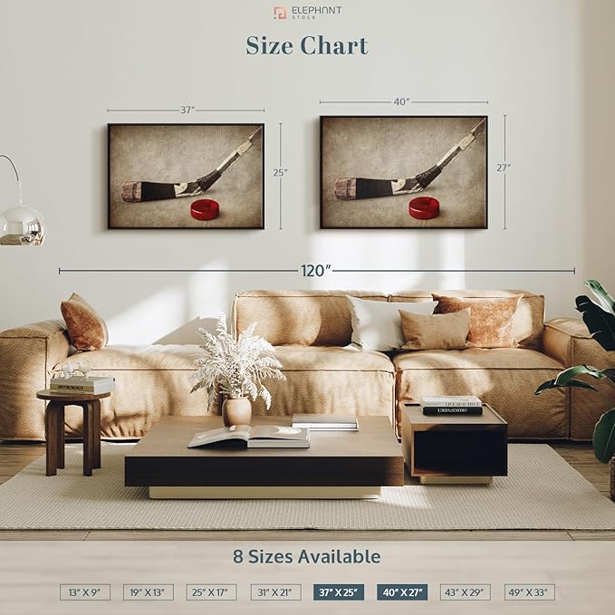 Elephant Stock Vintage Ice Hockey Wall Art - Horizontal Framed Canvas - 1-Piece Hallway Wall Decor - Photography Sports Canvas Print - Brown and Beige Decor for Wall - 40" X 27"