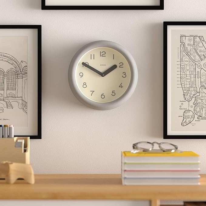 JONES CLOCKS® Fuze Wall Clock | Small Round Clock | Gray | Playful Modern Design with Soft sculptural Presence | Ideal for Kitchens Living Rooms Kid's bedrooms