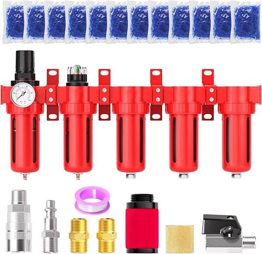 1/2" NPT Industrial Grade 5 Stage Aluminum Air Drying System, Coalescing Filter, Particulate Filter, Triple Desiccant Dryer and Air Regulator, Manual Drain For Plasma Cutter and Paint Spray