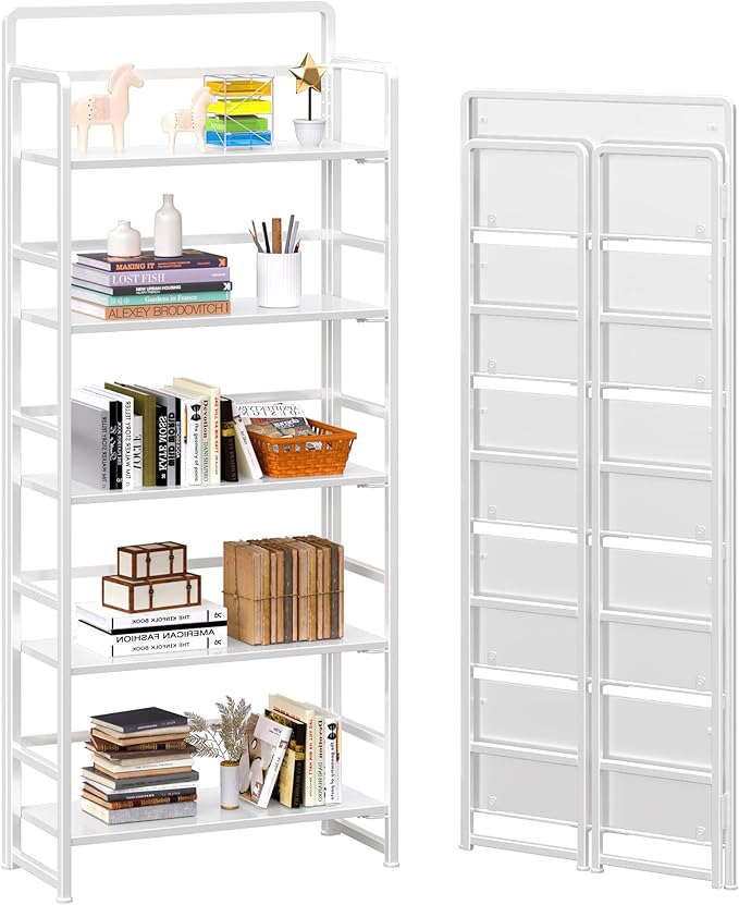 4NM No Assembly 5 Tiers Folding Bookshelf Storage Shelves Vintage Bookcase Standing Racks Study Organizer Home Office (All White)