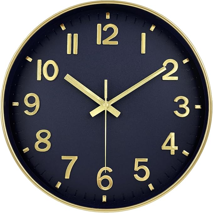 Wall Clocks Battery Operated, 12Inch Non Ticking Digital Wall Clock, Silent Analog Clock for Bedroom Living Room Kitchen Office Hotel Decor, Navy Blue Large Number Clocks for Seniors Elderly