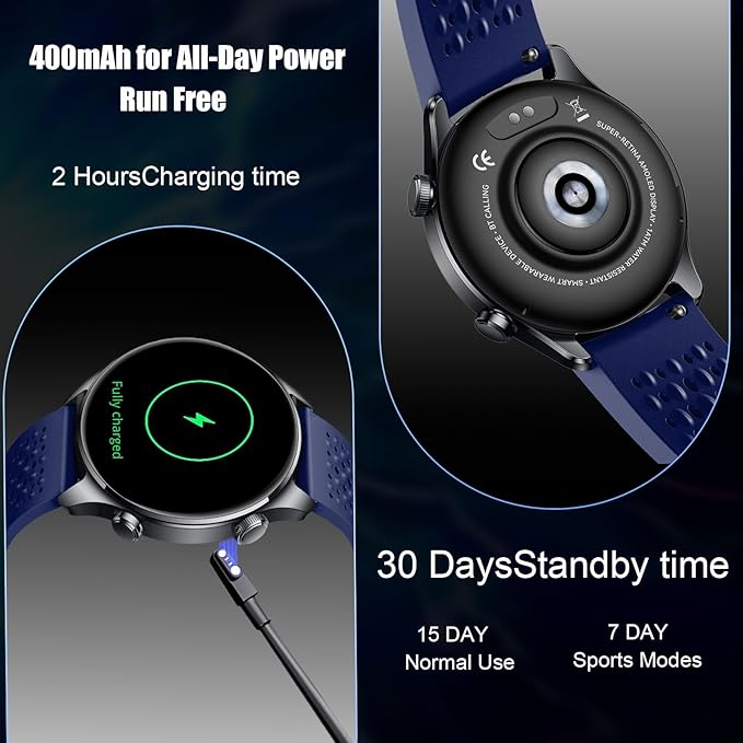 Smartwatch for Men & Women, 1.43" AMOLED Fitness Tracker GPS, Bluetooth Call, Heart Rate, Blood Oxygen (SpO2), Sleep Monitor, 100+ Sports Modes, iPhone & Android – Blue