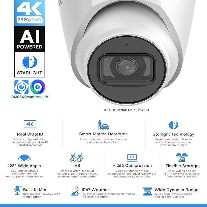 8MP IP Camera, 4K PoE Turret Outdoor Starlight Camera with Mic Audio, Human/Vehicle Detection, IVS, Intrusion Tripwire Alarm, 2.8mm 125°Wide Angle, Metal IP67, H265+, White