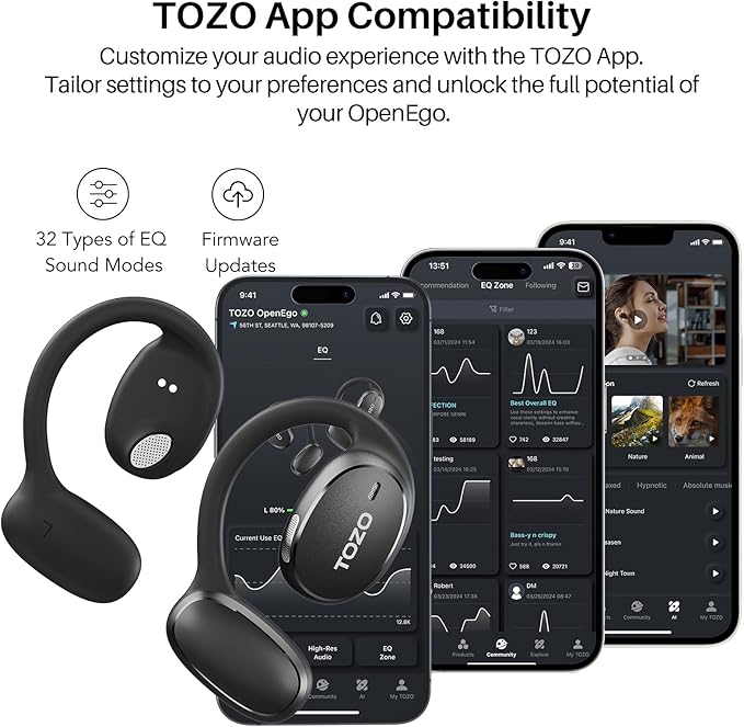 TOZO OpenEgo Open Ear Earbuds Bluetooth Headphones, AI Translation Wireless Earbuds with Real-Time 100+ LanguagesTranslation, 80Hrs Playtime, Digital Display, AI Clear Calls, Comfortable Wear, Black