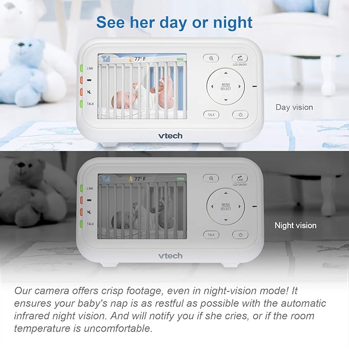 VTech VM3252 No WiFi Video Baby Monitor - 2.8" Screen, 1000ft Long Range, Auto Night Vision, 2-Way Talk, Temperature Sensor, Lullabies