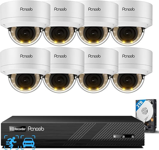 PoE Security Camera System, 5MP 8CH NVR with 2TB HDD, 8PCS Wired 5MP 2.8mm Dome IP Cameras, Smart Person Vehicle Detection Outdoor for Home, 24/7 Audio Recording, PD54Y0808-5M