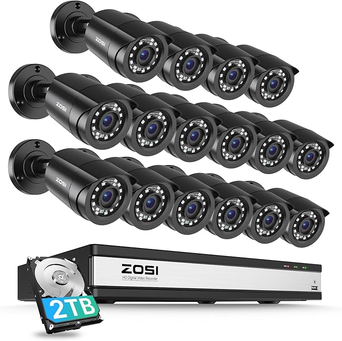 ZOSI 3K Lite 16CH Security Camera System Indoor Outdoor,AI Human/Vehicle Detection,16pcs 1080P 2MP Surveillance Bullet Cameras,Night Vision,16 Channel H.265+ 1080p DVR with 2TB HDD for 24/7 Recording