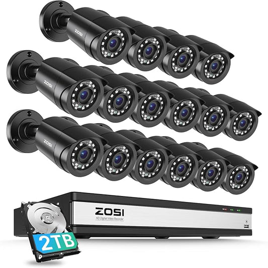 ZOSI 3K Lite 16CH Security Camera System Indoor Outdoor,AI Human/Vehicle Detection,16pcs 1080P 2MP Surveillance Bullet Cameras,Night Vision,16 Channel H.265+ 1080p DVR with 2TB HDD for 24/7 Recording