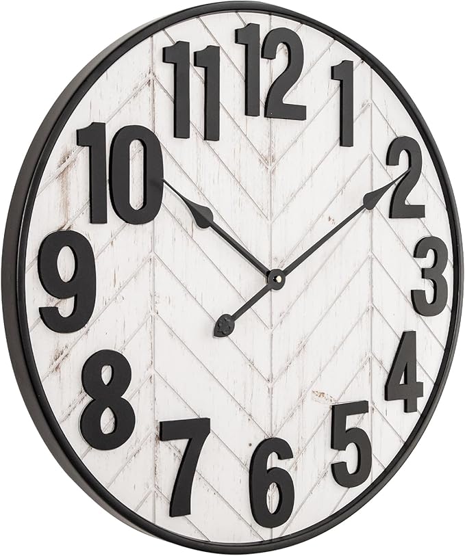 24 Inch Large Wall Clock, Rustic Wooden Farmhouse Wall Clock with Black Metal Frame, Battery Operated Non-Ticking Silent Wall Clocks for Living Room, Kitchen, Bedroom (Whitewashed)