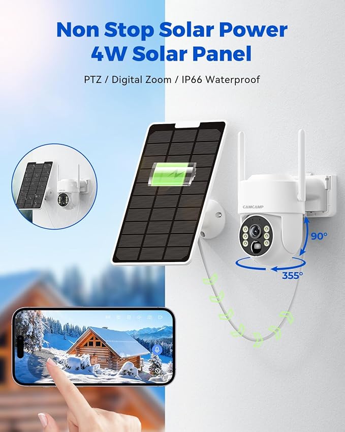 Camcamp Solar Security Cameras Wireless Outdoor, Home Security Camera System with 7" Touchscreen Monitor, Solar-Powered 4MP 4 Cam-Kit, Color Night Vision, 360° View, Pan & Tilt, 2 Way Audio