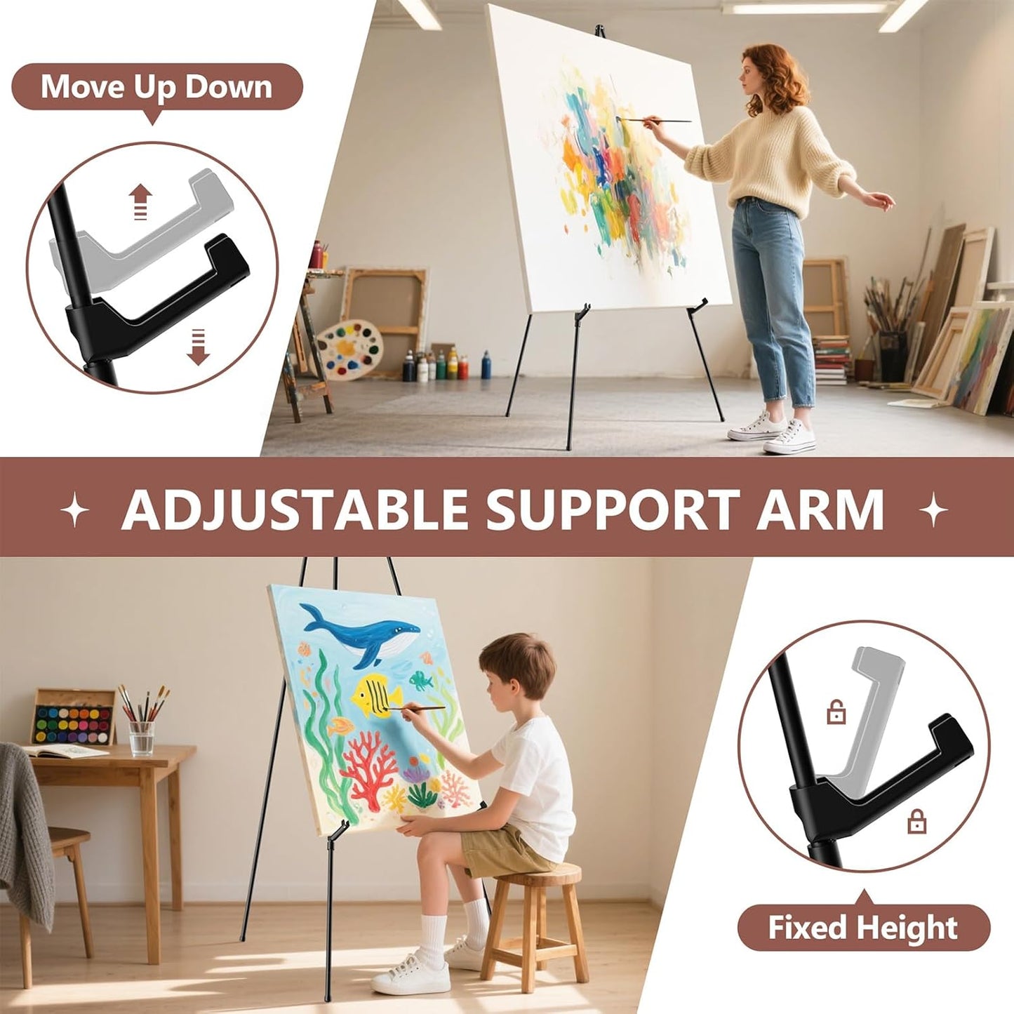 Display Black Easel Stand for Wedding Sign, Artist Instant Tripod Collapsible Portable Floor Easel for Posters, 66" Adjustable Easy Folding Metal Stand for Display Show, Arts, Painting