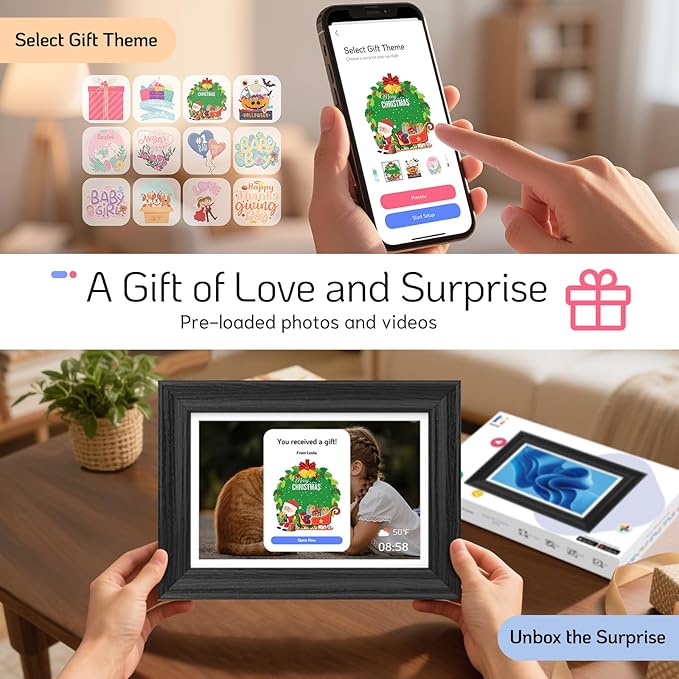 NexFoto Touchscreen Digital Picture Frame 10.1 Inch 64GB, WiFi Photo Frame Electronic, Add Pics from Google Photos, Easy to Share Videos via App/USB/Micro SD, for Christmas/Mom/Birthday, Black Wood