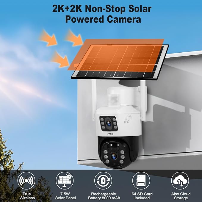KERUI 2K Solar Security Cameras with Dual Lens Wireless Security Camera Outside with Solar Panel 360° View Pan, AI Human Detection, Color Night Vision,2-Way Audio with 64G SD Storage(2 Pack)