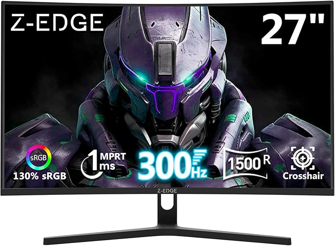 Z-Edge 27 inch Curved Gaming Monitor, FHD 1080P 300Hz 240Hz PC Monitor, Ultra-Fast MPRT 1ms Curved Monitor, 1500R, 16.7M Colors, UG27H Frameless Bezel, 2X DP 1.4 Ports and 2X HDMI 2.0 Ports