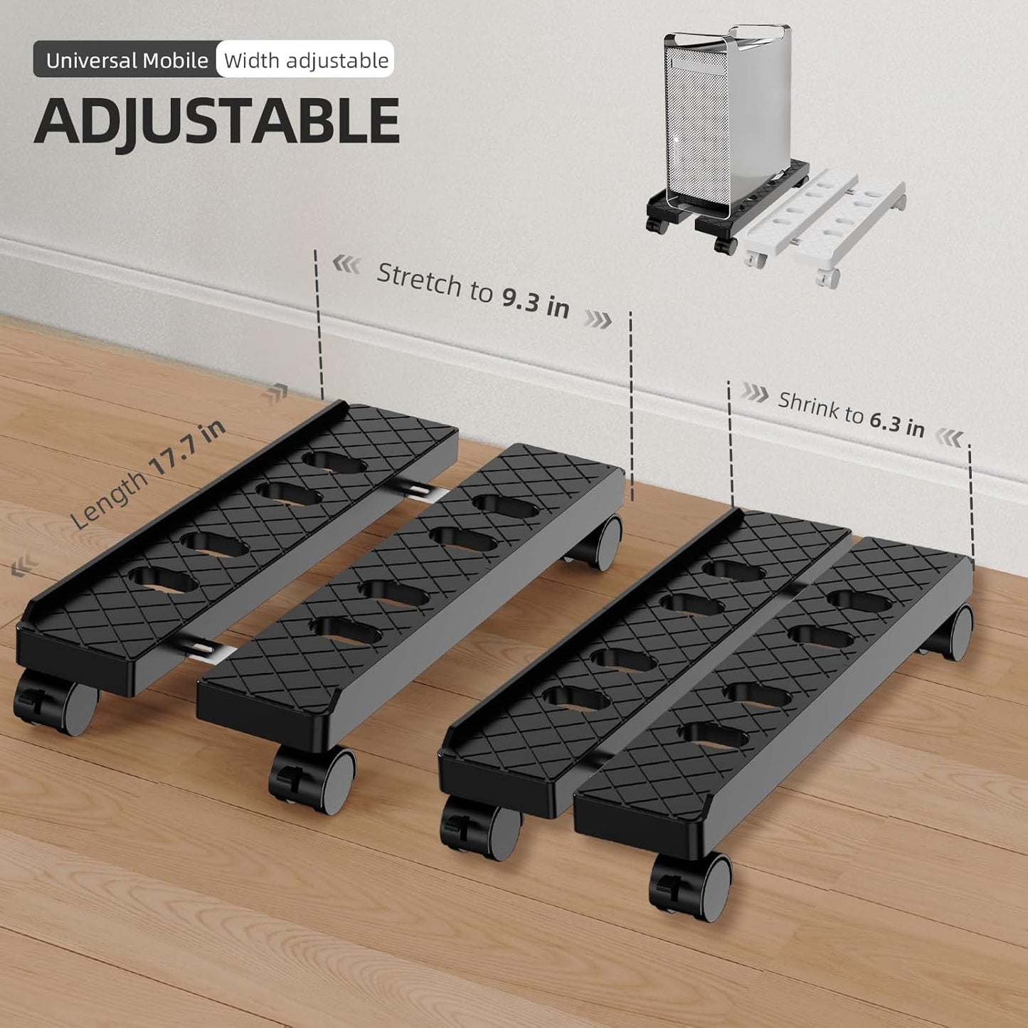 Adjustable Mobile CPU Stand, Ventilated Computer Tower Stand with 4 Caster Wheels Fits Most PC Tower, Under Desk CPU Holder PC Floor Cart Computer Riser for Gamers and Students (Large Black)