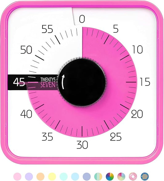 TWENTY5 SEVEN Countdown Timer 7.5 inch; 60 Minute 1 Hour Visual Timer â Classroom Teaching Tool Office Meeting, Mechanical Countdown Clock for Kids Exam Time Management Magnetic, Pink