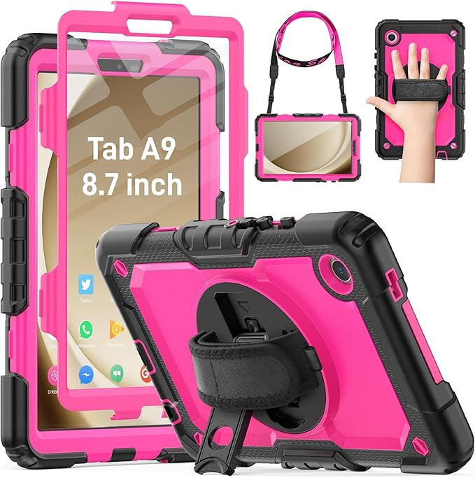 HXCASEAC Case for Samsung Galaxy Tab A9 8.7 Inch, Protective with Screen Protector/Hand Strap/Pen Holder, Sturdy Shockproof for Samsung A9 Tablet Case SM-X110 SM-X115 SM-X117 - Rose