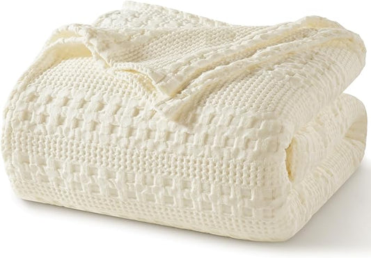 PHF 100% Cotton Waffle Weave Blanket Queen Size, Soft Lightweight Breathable Cozy Summer Blankets for Bed, Luxury Aesthetic Woven Bedding for Home Decor, 90"x90", Cannoli Cream