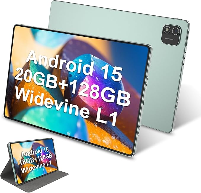 11 inch Tablet, Android 15 Tablet 20GB RAM +128GB ROM+1TB Expand, Octa Core Processor 8000mAh Battery, 1920x1200 IPS Touch Screen, 5+8MP Dual HD Camera, 5G WiFi , Widevine L1, Matel Green with Case