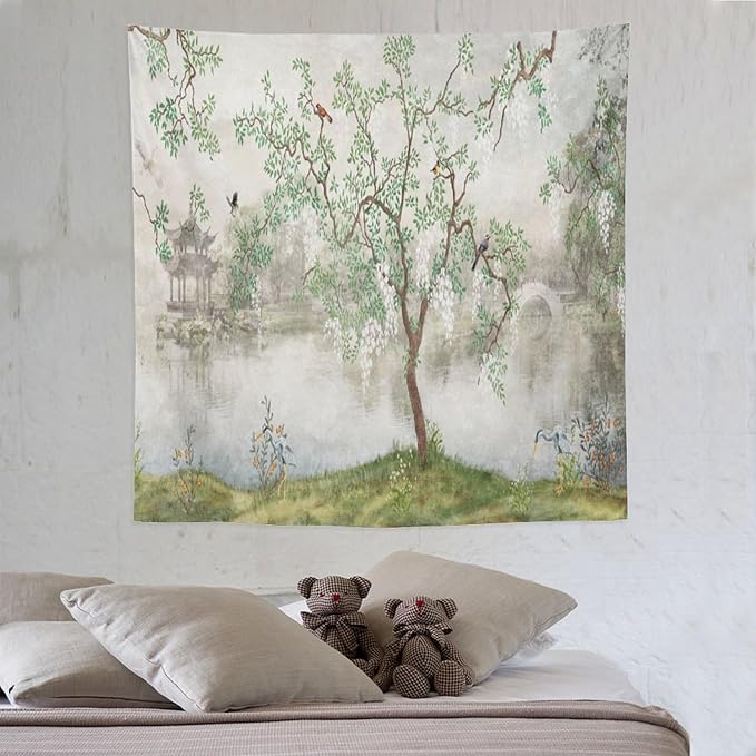 HZOHNAGO Japanese Tapestry Tree Misty Garden Lake Printed Wall Tapestry Ink Painting Wall Hanging for Bedroom Living Room Dorm 60" W x 60" H