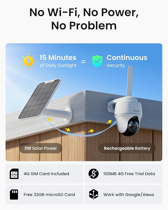 REOLINK 5MP 4G LTE Cellular Security Camera Outdoor, 360° Pan-Tilt, Sim+32GB SD Card Included, Wireless Solar Powered, Color Night Vision, Smart AI Detection, Go PT Plus+Solar Panel, Updated Version