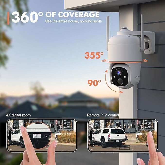 Dzees Solar Security Cameras Wireless Outdoor, 2K Battery Powered Security Camera, 360° PTZ Camera with Spotlight, Siren, Color Night Vision, AI Dectection, IP66 for Home Security, 2.4GHz 4-Pack