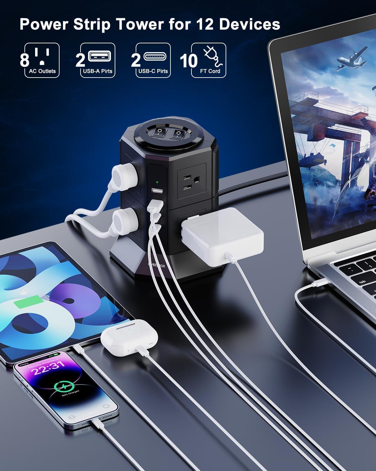 Surge Protector Power Strip with 4 USB Ports(2 Type C) 8 AC Outlets, 10 Ft Ultra Flat Extension Cord with Multiple Outlets, Ultra Flat Plug Power Strip, Desktop Outlet Extender for Home Office Dorm