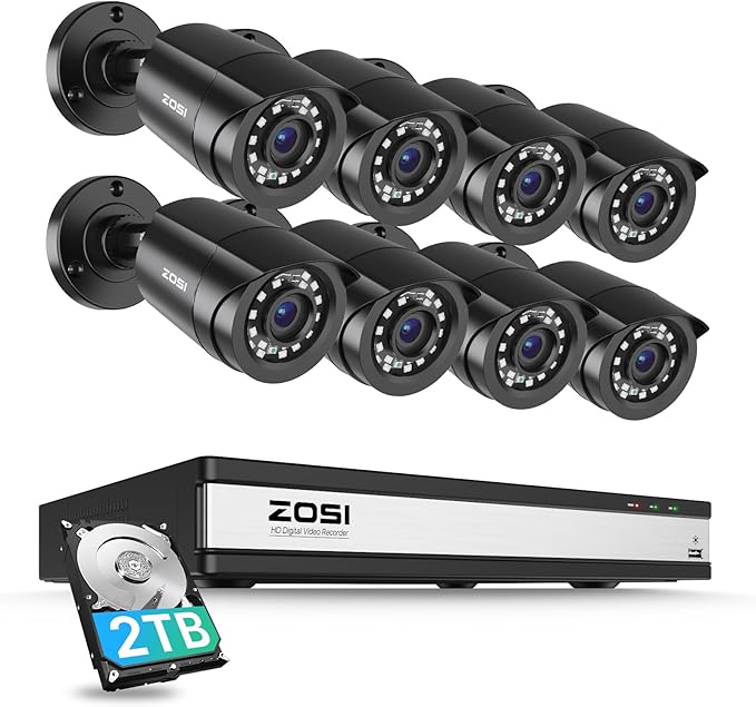 ZOSI 16 Channel Security Camera System,8 x 1080P Outdoor Indoor Weatherproof Wired Cameras,AI Human Vehicle Detection,Night Vision,H.265+ 16CH 2.0MP HD-TVI CCTV DVR with 2TB HDD for 24/7 Recording