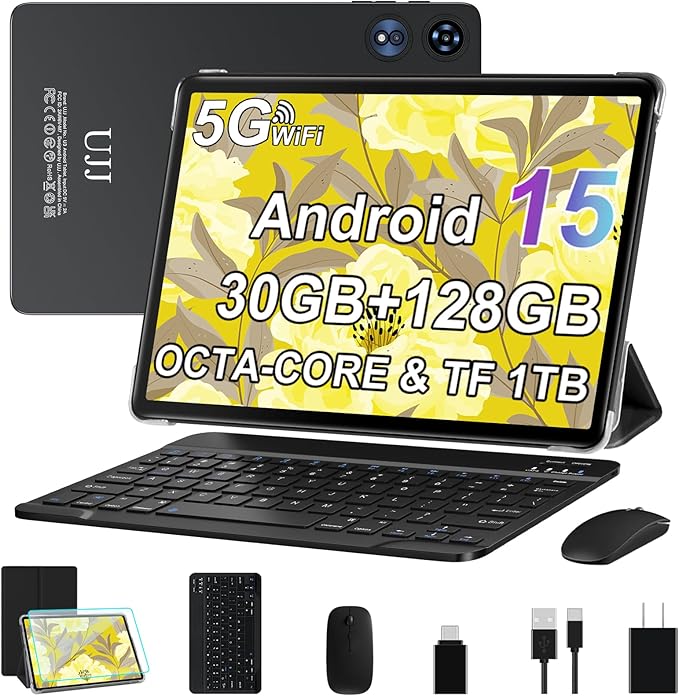 Tablet 10 inch Android 15 Tablets 30GB RAM 128GB ROM 1TB Expand, 8000mAh Octa-Core Tablets with Keyboard Mouse, HD IPS Display, Gemini AI, GPS, 5G WiFi, Widevine L1, Split-Screen - Metal Black