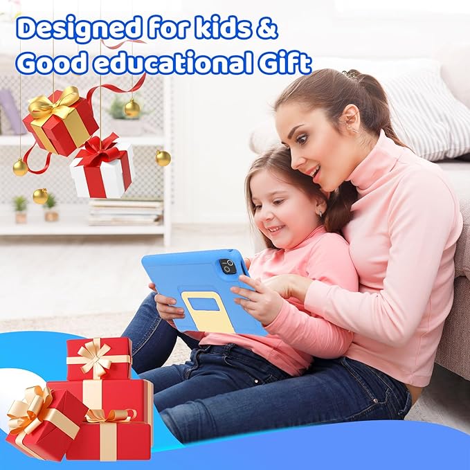 Gleeso Kids Tablet, Android 15 Tablet for Kids 10 inch Octa-Core with Case, 128GB 1TB TF Card Expandable for Toddler Children, Parental Control, Dual Camera, WiFi,Gift（Blue）