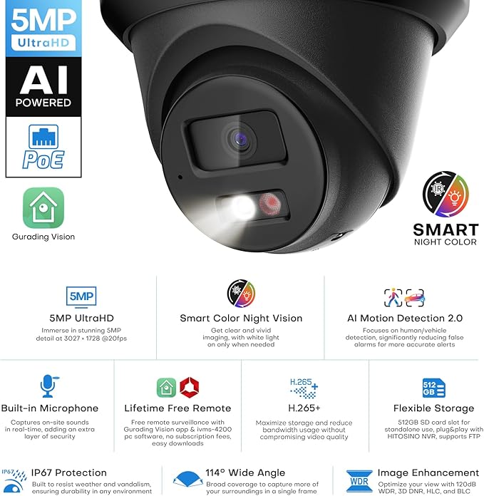 5MP IP PoE Camera, Outdoor Turret Camera with Mic/Audio, Hikconnect/SADP/iVMS4200, Smart Color Night Vision, Low Light Starlight, Human Vehicle Detection, 114° FOV, Metal IP67, 512GB SD Slot