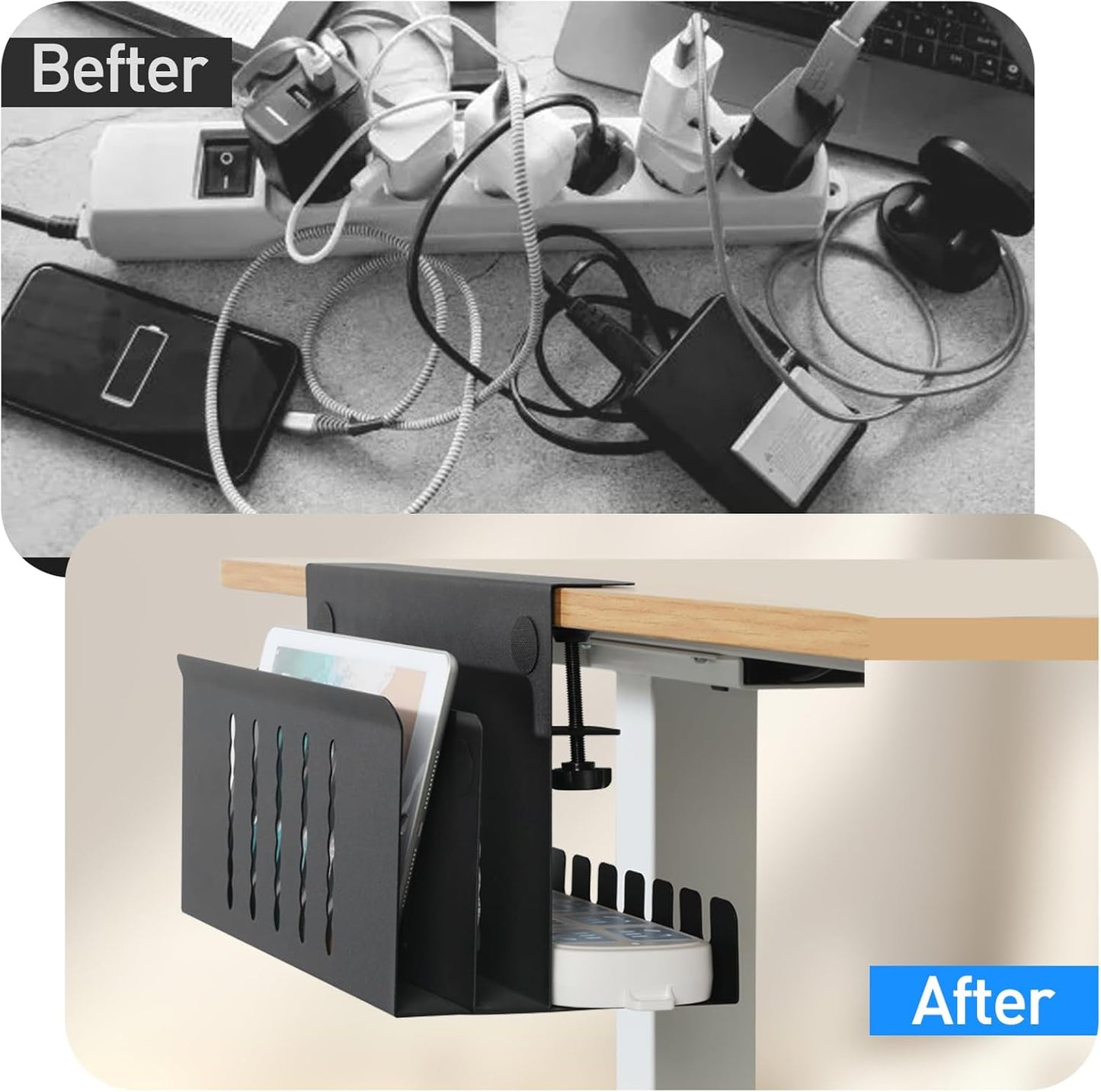 MAXECHO Desk Side Storage, Under Desk Laptop Mount, Table Side Hanging File Organizer, No Drill Clamp On Cable Management Tray, Laptop Holder with Magnetic Pen Holder for Office and Home, Load 22 Lbs