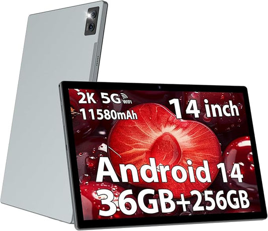 2025 Tablet 14 inch Android 14 Tablets - 2K Tablet (2000x1200), 36GB+256GB(1TB TF), 11580mAh, 8-Core 2.0GHz, 5G/2.4G Dual WiF,8+13MP, 4 Speakers,Split Screen, GPS with Stylus - Gray