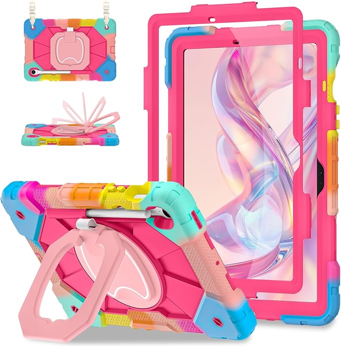 Case for Samsung Galaxy Tab S10 Lite/S10 FE/S9 FE 10.9 Inch, Samsung Tab S9 11 Inch, Rugged Galaxy S10 Tablet Cover with Pen Holder 360 Rotating Stand Shoulder Strap Screen Protector, Rainbow