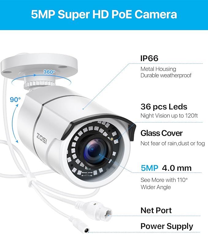 ZOSI ZG2615E 5MP PoE IP Camera Bullet Camera with Night Vision for Outdoor Indoor Power Over Ethernet Surveillance System,Only Work with ZOSI PoE NVR,ZR16DK,ZR08EN,ZR08DN,ZR08PN