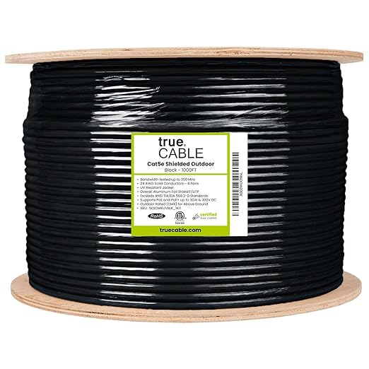 trueCABLE Cat5e Outdoor, Shielded F/UTP, 1000ft, UV Resistant, CMX Rated, Black, 24AWG Solid Bare Copper, 350MHz, PoE++ (4PPoE), ETL Listed, Bulk Ethernet Cable