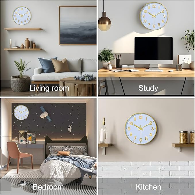 Gold Wall Clocks Battery Operated, 12 Inch Non Ticking Digital Wall Clock, Silent Analog Clock for Bedroom Living Room Kitchen Office Gym Classroom, Large Number Clocks for Seniors Elderly