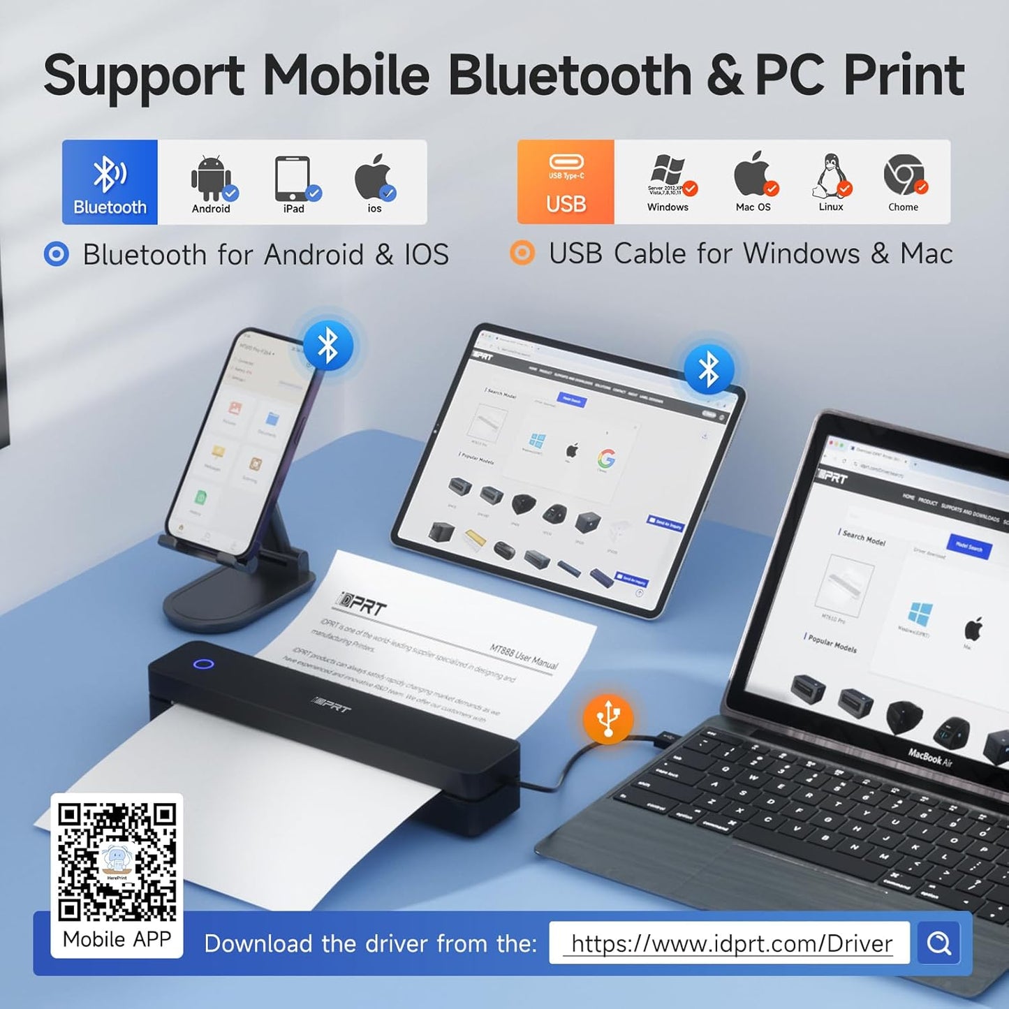 iDPRT Portable Printer Wireless for Travel - 203DPI Bluetooth Mobile Printer Support for 8.5"x11" US Letter, Inkless Compatible with iOS, Android, Laptop for Office, Car and Home, School