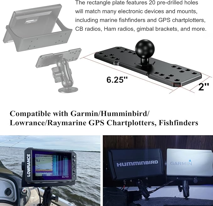 BRCOVAN 1'' Ball Fish Finder Mount, Aluminum Alloy Universal Marine Electronic Plate, Fit for RAM Mounts B Size 1 Inch Ball Double Socket Arm, Fit for Garmin, Lowrance, Humminbird, Raymarine and More