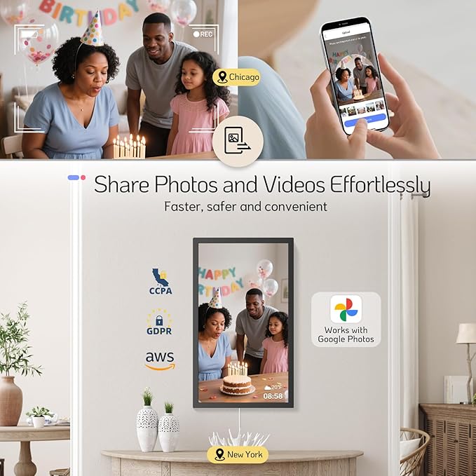NexFoto 24 Inch Touchscreen Digital Picture Frame Large, WiFi Electronic Photo Frame 64GB, Add Pics from Google Photos, Upload Photos/Videos via App/USB, for Mom/Grandparents, Black