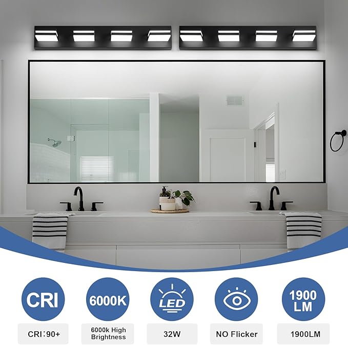 Modern LED Bathroom Lights Fixtures(4-Light),Metal Black Acrylic Wall Lighting,Vanity Lights for Bathroom Over Mirror(6000k 27in)