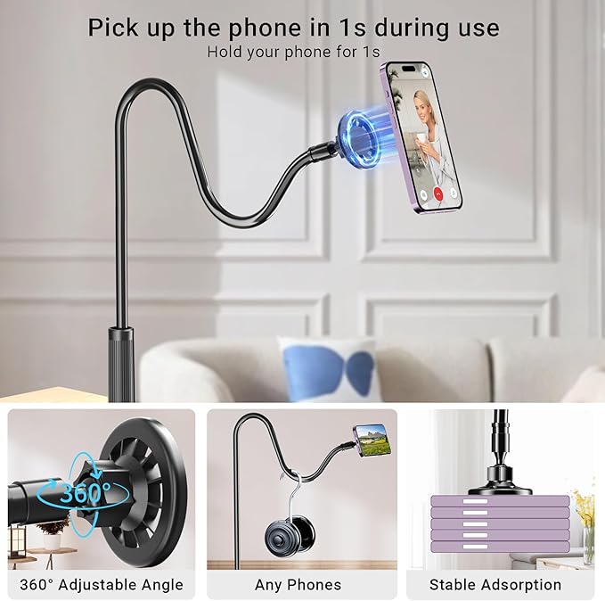 Magnetic Phone Holder for Bed Laying Down with Remote Page Turner, Bedside Gooseneck Phone Stand with Clicker for Reading, Flexible Mount with Wireless Scrolling Ring for iPhone/Tiktok/Short Video