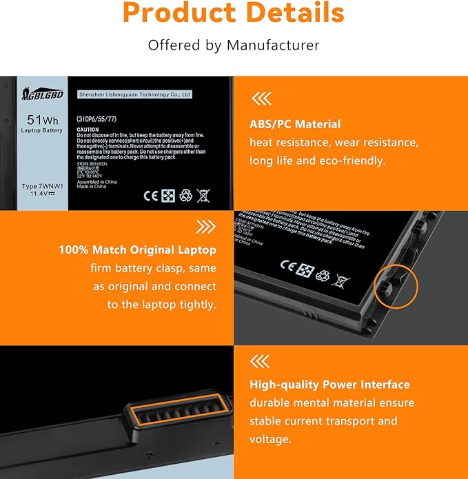 7WNW1 Replacement Battery for Dell Latitude 5420/5424/7424 Rugged Extreme Series, Dell P85G P86G P137G P137G001 P137G002 P85G001 P86G001 Series, (3-Cell Li-ion, 11.4V, 51Wh, 3900mAh)