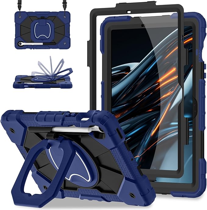 Case for Samsung Galaxy Tab S10 Lite / S10 FE / S9 FE 10.9 Inch & Galaxy Tab S9 11 Inch, Rugged Samsung S10 FE Case with Pen Holder 360 Rotating Stand Shoulder Strap Screen Protector,Navy Black