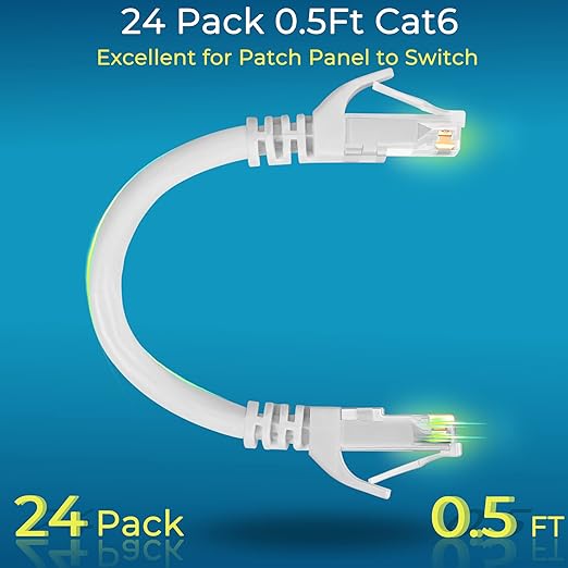 Rapink Patch Cables Cat6 0.5ft (24 Pack), Ethernet Patch Cable 10G Support, Cat 6 Patch Cable for Patch Panel to Switch, Flexiable Cat 6 Ethernet Cable with Gold Plated White