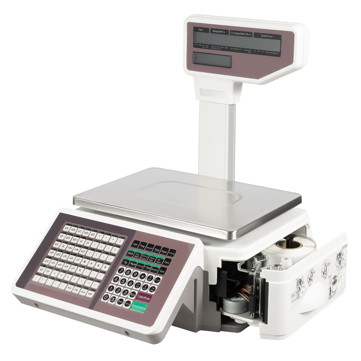 Label Printing Scale with Dual TD Thermal Label & Receipt Printer, 110-220V Electronic Price Computing Scale Pole Display, 66LBS Commercial Barcode Scale for Retail Outlet Store Food Meat Shop
