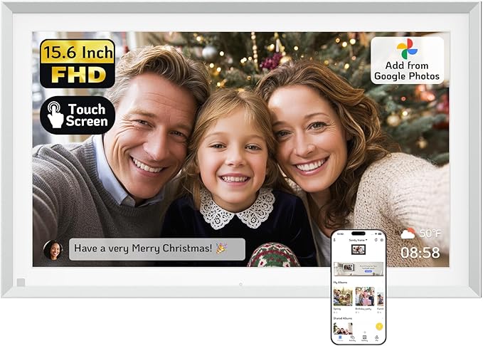 NexFoto 15.6" Touchscreen Digital Picture Frame, FHD WiFi Digital Photo Frame 64GB, Add Pics from Google Photos, Upload Videos via App/USB, Gifts for Christmas/Mom/Grandpartents, Silver