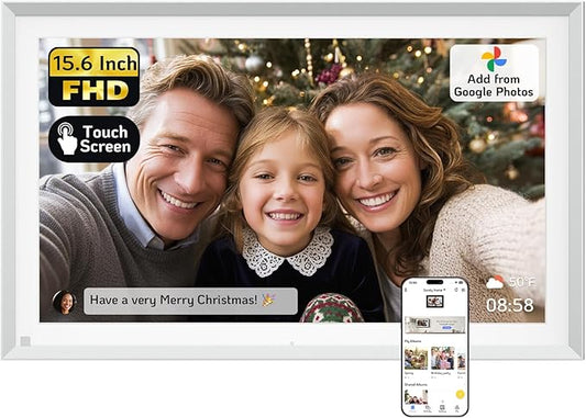 NexFoto 15.6" Touchscreen Digital Picture Frame, FHD WiFi Digital Photo Frame 64GB, Add Pics from Google Photos, Upload Videos via App/USB, Gifts for Christmas/Mom/Grandpartents, Silver