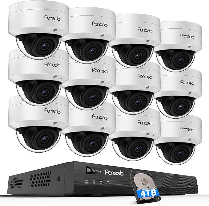 16 Channel Security Camera System, 12x 8MP IK10 Vandal Proof Dome Camera Outdoor with Human Vehicle Detection, Built-in Mic, Remote Access 24-7 Recording, 4K 16CH NVR 4TB HDD, PD54A1216-8M