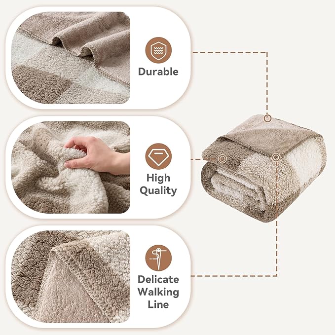 LURKA Checkered Sherpa Fleece Queen-Size Bed Blanket - Extra Thick and Warm Winter Soft Fuzzy Plush Blanket for Couches, Beds & Pets, Khaki, 90x90 Inches